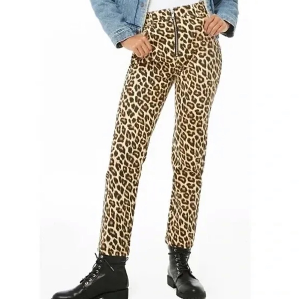 Womens Leopard Jeans Medium 30x25 Hi Waisted Forever 21 Zip Front Taperedâ Brown